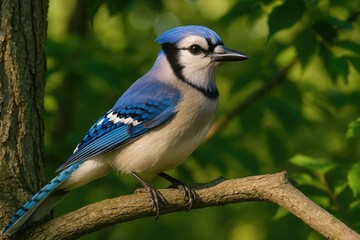 A blue jay resting on a branch in a lush tree scene