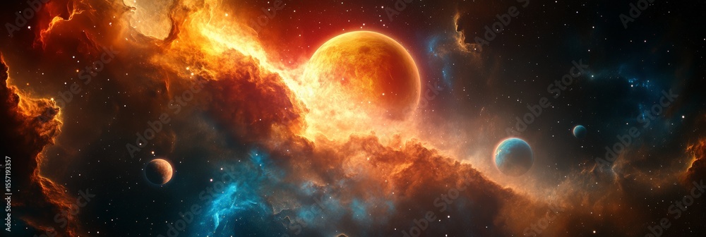 Poster Bright nebulae illuminating planets in the vastness of deep space, creating a breathtaking cosmic scene filled with vibrant colors and a mesmerizing starry backdrop