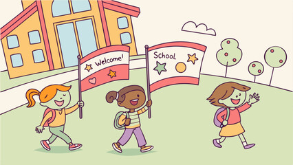 Three children walking towards school holding welcome and school flags in a colorful illustration