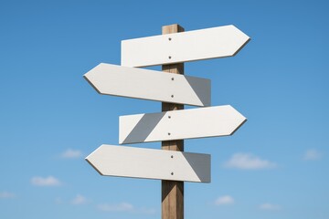 Empty directional signs beneath a clear blue sky