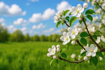 Vibrant spring blooms on a flowering branch with a lively floral display