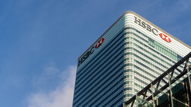 HSBC tower with logo against blue sky, Arpil 25, 2025, London