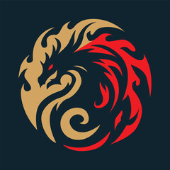 The logo is a dragon silhouette with 2 colors red and gold.