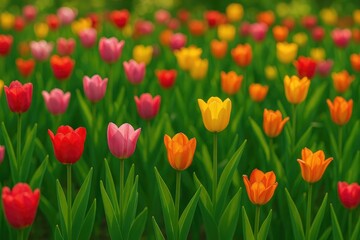 Obraz premium Vibrant tulip display in a lush garden