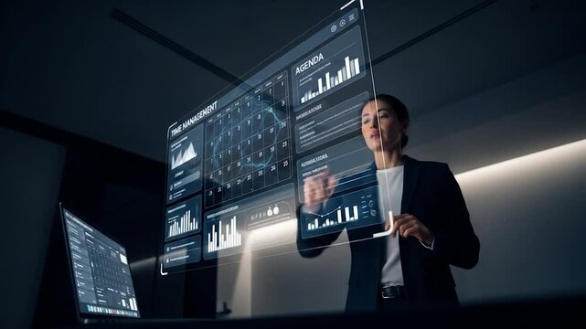 Woman Interacting with Futuristic Time Management Interface on Transparent Display Video