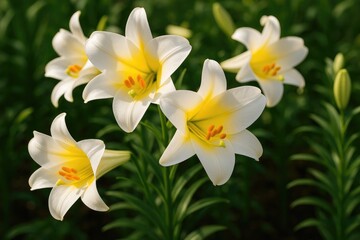 Obraz premium Springtime Easter Lily blooms with fragrant white and yellow trumpet-shaped flowers