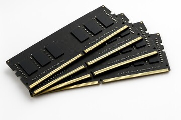 Four dark computer RAM modules isolated on a white background
