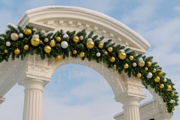 Close-up of a festive white wooden arch adorned with Christmas decorations against a winter sky