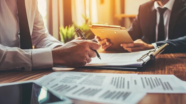 A legal expert reviewing a document with a client while pointing out actionable clauses showing practical interpretation of contracts
