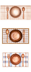 Elegant table settings featuring plates and utensils on patterned tablecloths.