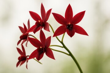 Fototapeta premium Vivid crimson orchid flowering on a stem with sharp petals