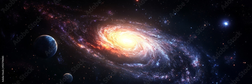 Aufkleber planets orbiting a spiral galaxy with a brilliant core highlight the vastness and stunning beauty of