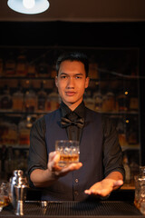 Professional male bartender preparing alcoholic drinks in a bar