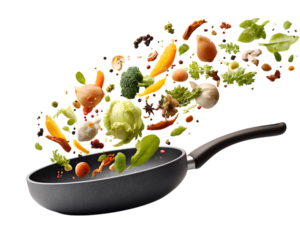 Colorful vegetables flying out of the pan, side view. Conceptual stock photography for cooking or healthy eating advertising banner template design. Frying pan with a vegetable mix.