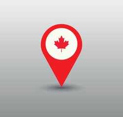 Canada location pin, GPS marker, made in Canada symbol, find us sign, red color with maple leaf. Suitable for designing brochures, mobile application interfaces.