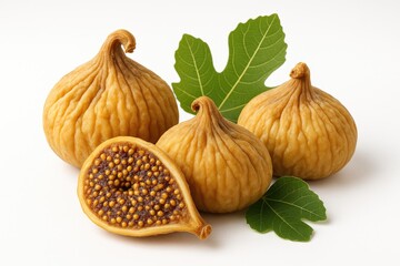 Obraz premium Detailed view of dehydrated fig fruits against a plain white backdrop