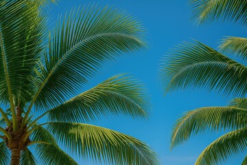 Fototapeta premium Tropical paradise scene featuring palm leaves against a clear blue sky over a seaside location
