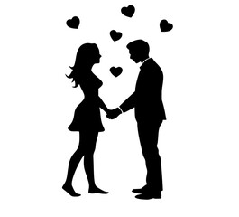 Romantic Couple Holding Hands with Floating Hearts - Love and Affection Silhouette