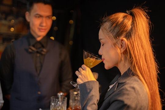 Bartender Serve Whiskey, on wood bar, 