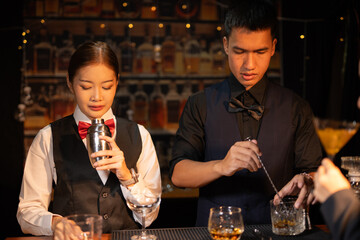  Professional male bartender preparing alcoholic drinks in a bar