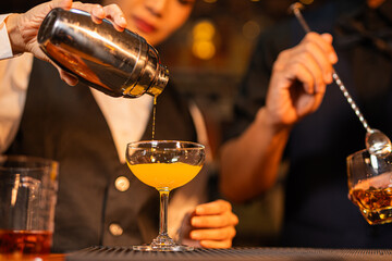 Professional female bartender preparing alcoholic drinks in a bar