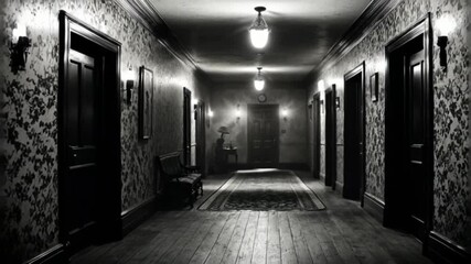 A long, dimly lit hallway in a vintage building features dark wood floors, patterned wallpaper, and several closed doors, creating a suspenseful and mysterious atmosphere. - Powered by Adobe