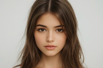 Fototapeta premium Close-up portrait of beautiful Caucasian teenage girl with healthy straight long hair posing in studio.