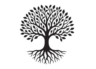 Tree of life logo silhouette vector, tree life logo icon silhouette, round tree of life with roots and branches vector, simple black tree of life silhouette logo vector on a white background.