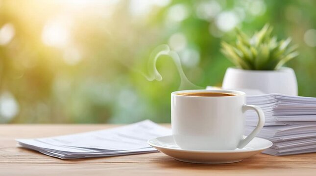 Steaming coffee cup on wooden table with stack of paper and small plant in background creating calm atmosphere for health insurance and gp related work or study environment with gentle steam rising