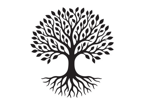 Tree of life logo silhouette vector, tree life logo icon silhouette, round tree of life with roots and branches vector, simple black tree of life silhouette logo vector on a white background.