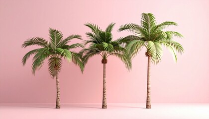Fototapeta premium Three palm trees against a pink background Minimalist tropical scene summer