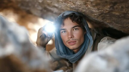 Cave Exploration Adventure with Flashlight in Rocky Environment