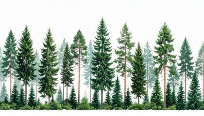 Evergreen Coniferous Forest Panorama Tall Pine and Spruce Trees on White Background