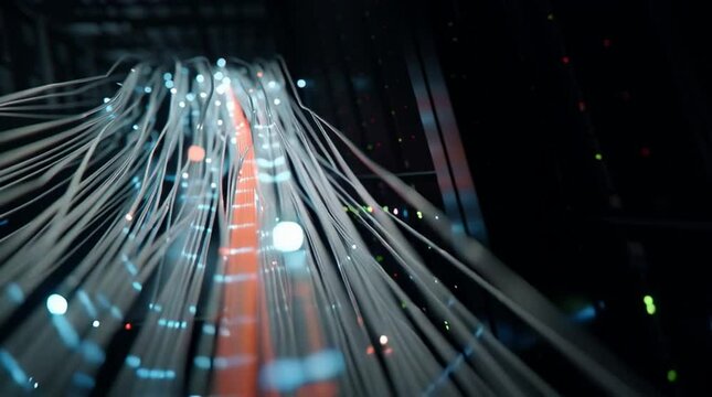 Digital information flows through fiber-optic cables glowing with neon lights, converging into high-tech data servers in a dark room with vibrant reflections, captured in cinematic 8K with professiona