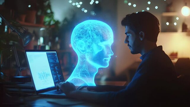 A person interacts with a holographic head projected onto a laptop
