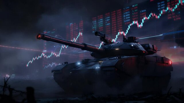 Futuristic tank in city at night neon lights military technology war finance