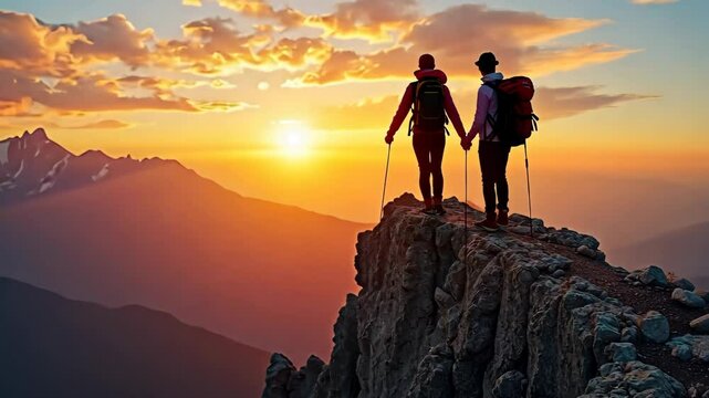 Amazing and inspiring romantic sunset over high mountains. Two people hike and camp, walk on crest edge of mountain peak, reaching goal or finish line. Motivation concept.
