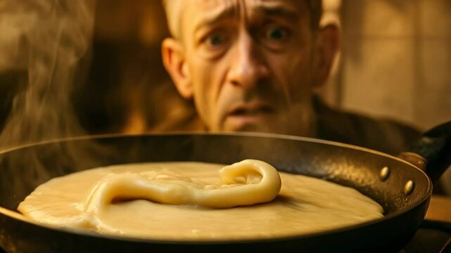  Shocked senior White man watching bizarre pancake twist upward in frying pan. Concept of kitchen mishap, food experiment gone wrong, and comic cooking chaos