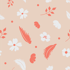 Bright orange white floral and botanical silhouettes on beige seamless vector background. perfect for fabric print, packaging and stylish patterns.