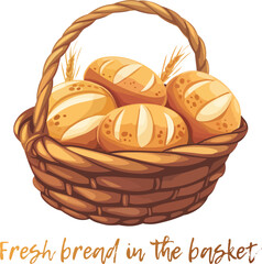Fototapeta premium Freshly baked bread in a wicker basket cartoon vector icon isolated on a white background. The bread is a golden brown color and has a slightly textured crust. The basket is rustic and traditional