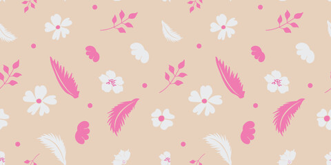 Seamless floral vector pattern with soft pink botanical silhouettes on beige background, ideal for textile design, wrapping and digital surface art.
