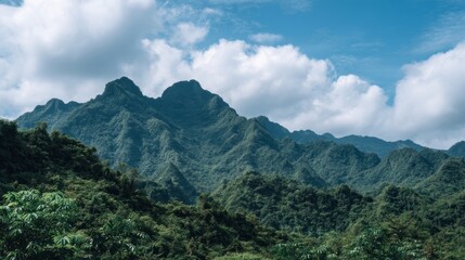 Naklejka premium Majestic emerald peaks bask under cotton-cloud canopies, evoking Earth Day reverence and Qingming Festival serenity, untouched wilderness symphony