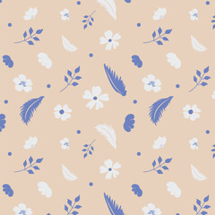 Elegant seamless pattern with blue floral silhouettes and leaves on beige background. ideal for fabric, wallpapers, wrapping paper and digital art.