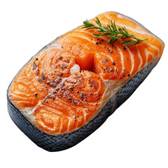 Grilled salmon steak isolated on transparent background.