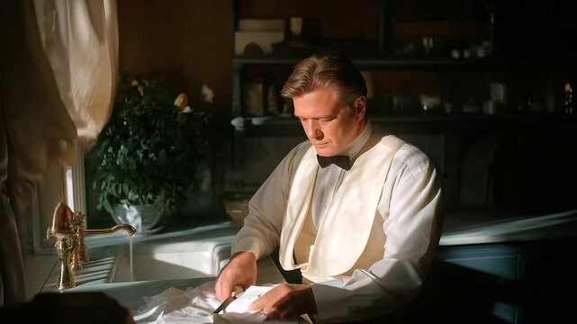 Funeral director embalming in a preparation room with natural light