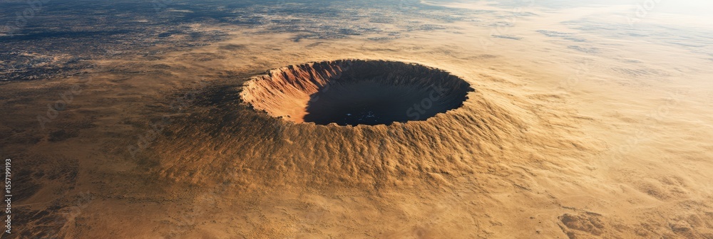 Poster Aerial view of a massive impact crater formed by a meteorite collision on a desolate, sandy planet, highlighting the destructive power of cosmic events and the vastness of space