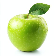 Fresh green apple with water droplets and a leaf on a white background.