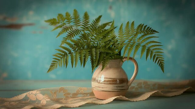 Green ferns in rustic vase nature still life photography