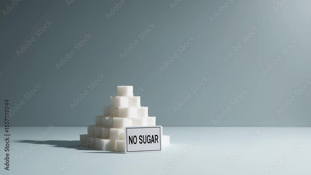 Poster Several sugar cubes form a pyramid shape with a no sugar sign in front of it, isolated on a gray background, creating a symbolic representation of sugar reduction and healthy choices