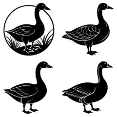Four black goose silhouettes in different poses including one inside a circle with grass design